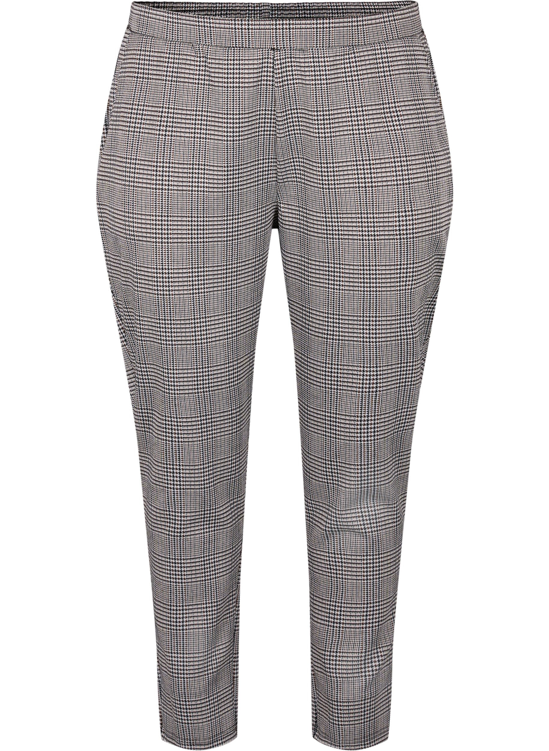 Zizzi Cropped Maddison bukser med ternet m&oslash;nster, Beige Brown Check, Packshot image number 0