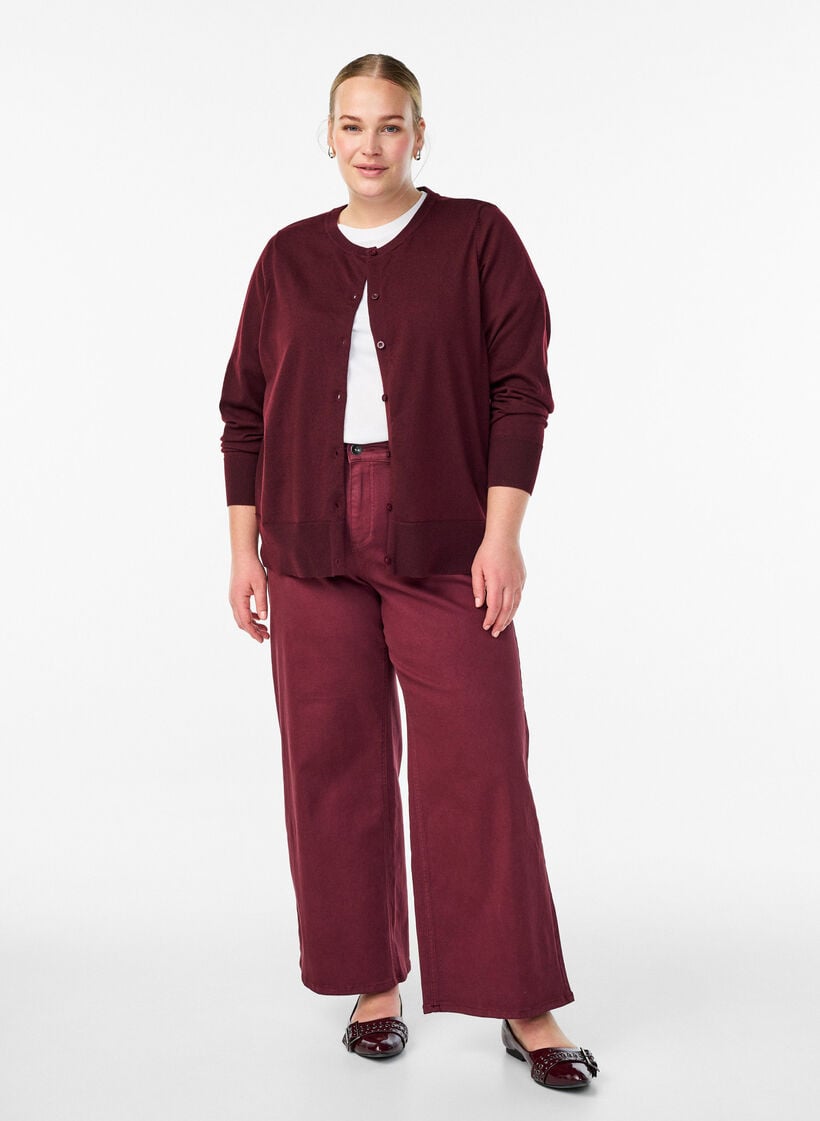Finstrikket cardigan med rund hals, R&oslash;d, Model image number 1