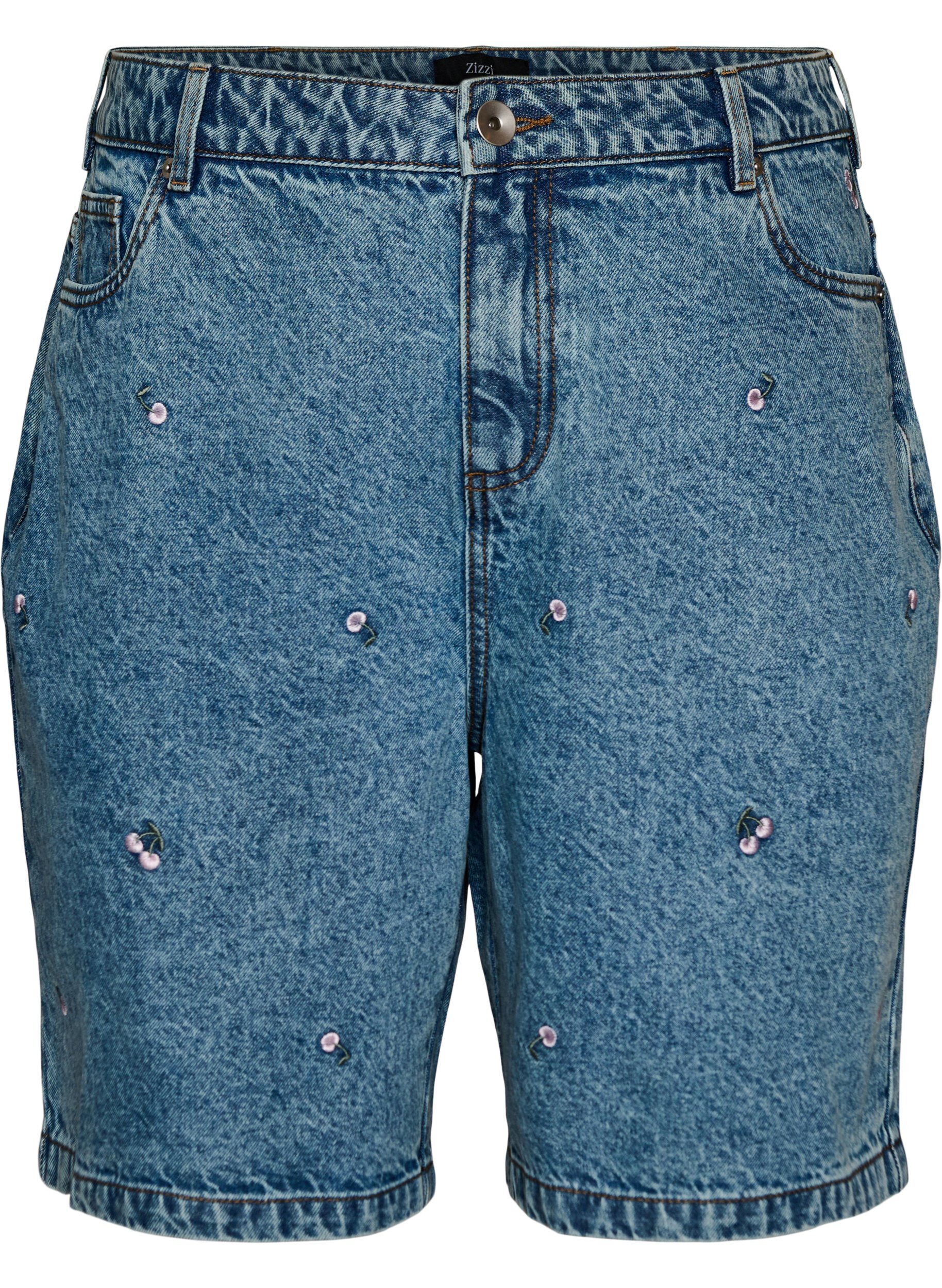 Zizzi Denimshorts med h&oslash;j talje og broderede motiver, Bl&aring;, Packshot image number 0