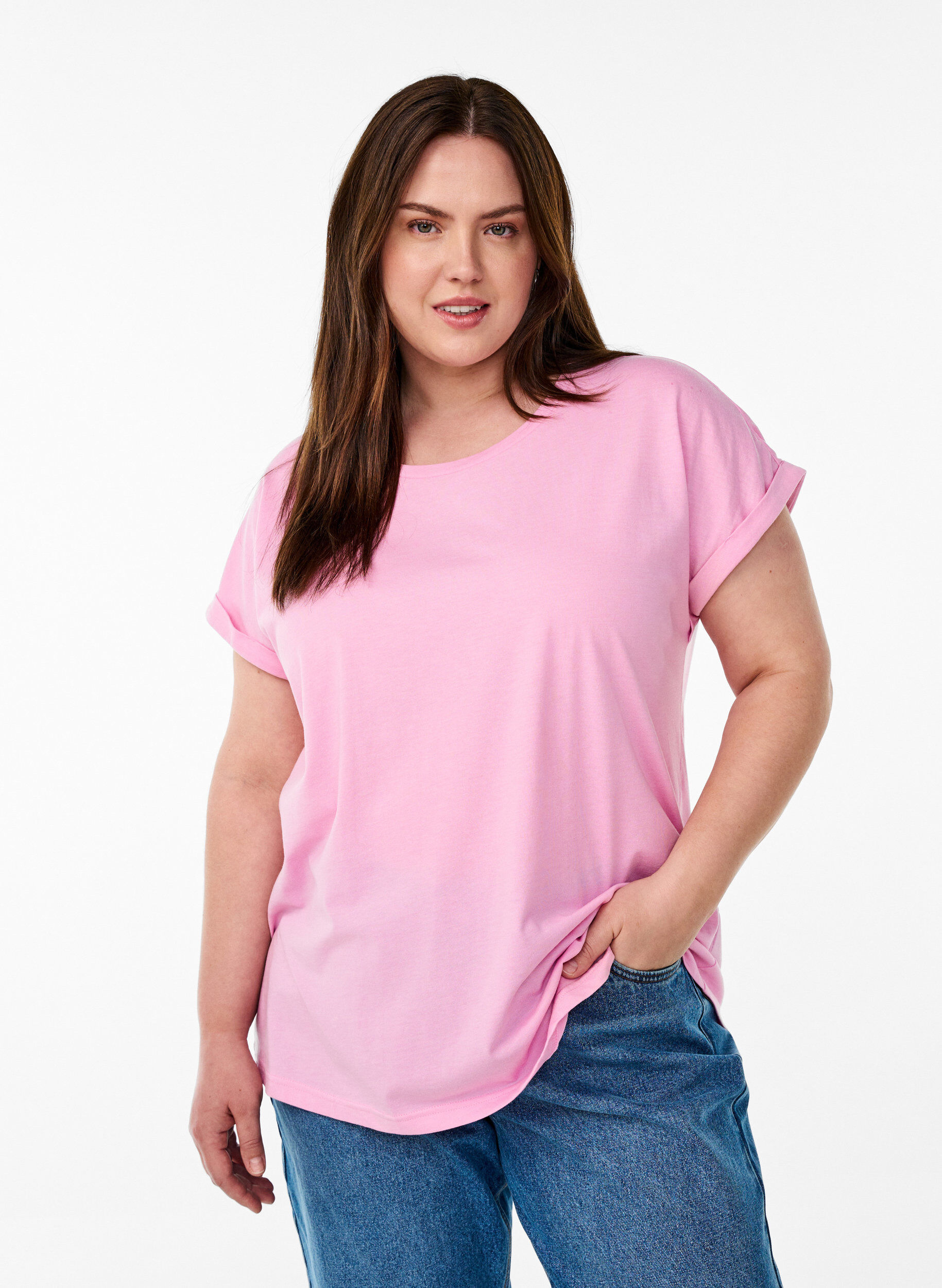 ZizziKort&aelig;rmet t-shirt i bomuldsblanding, Lyser&oslash;d, Model image number 0