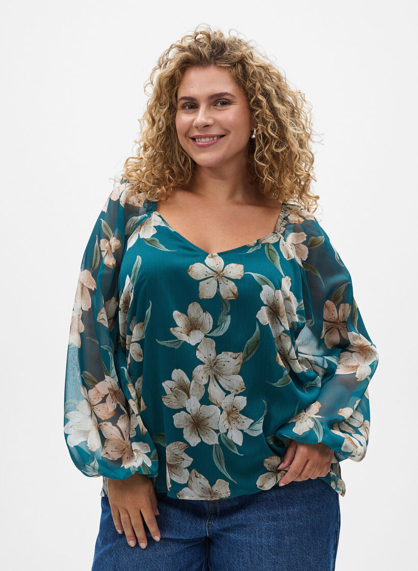 Chiffonbluse med blomster og lange ærmer , Grøn, Model image number 0