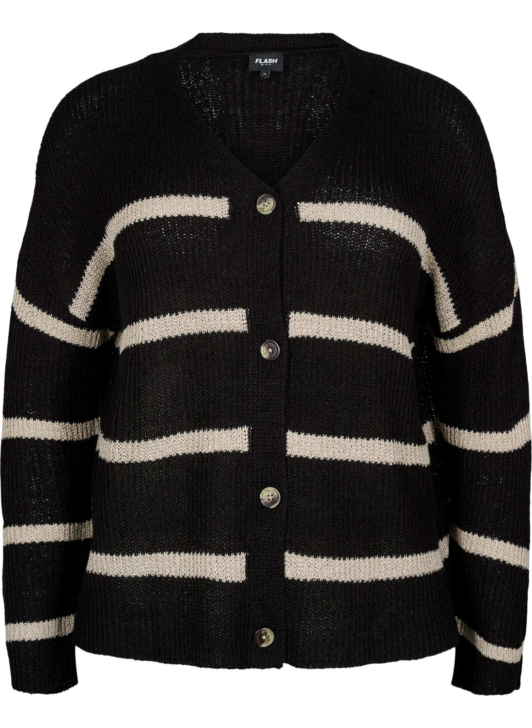 Zizzi FLASH - Strikket cardigan med striber og knapper, Sort, Packshot image number 0