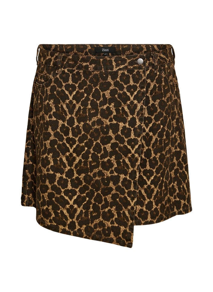 Kort denimnederdel med leopardprint og A-snit, Brun, Packshot image number 0