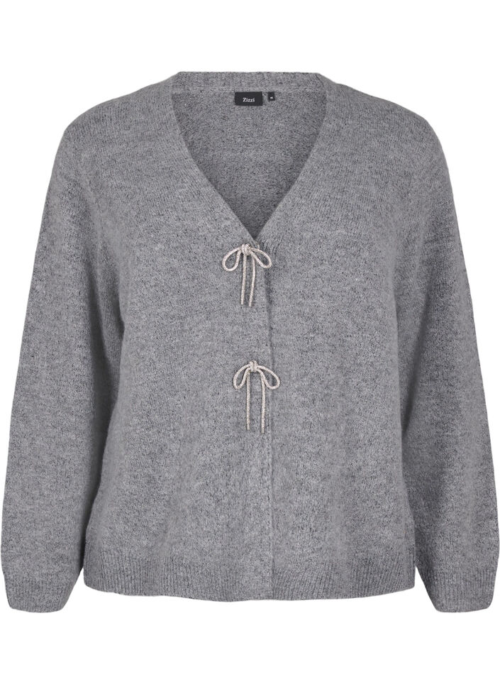 Strikcardigan med sølvsløjfe, Medium Grey Melange, Packshot image number 0