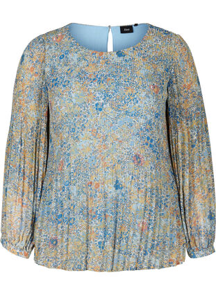 Plissé bluse med blomsterprint, Light Blue Multi AOP, Packshot image number 0