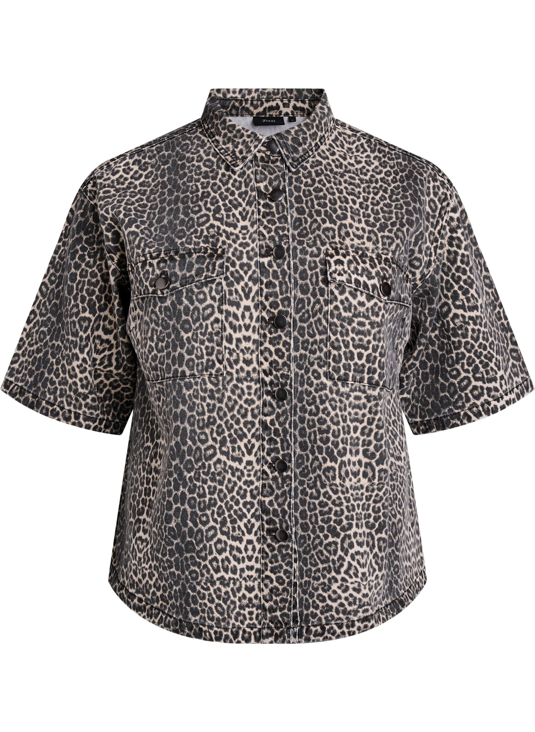 ZizziDenimskjorte med leopard m&oslash;nster og korte &aelig;rmer, Brun, Packshot image number 0