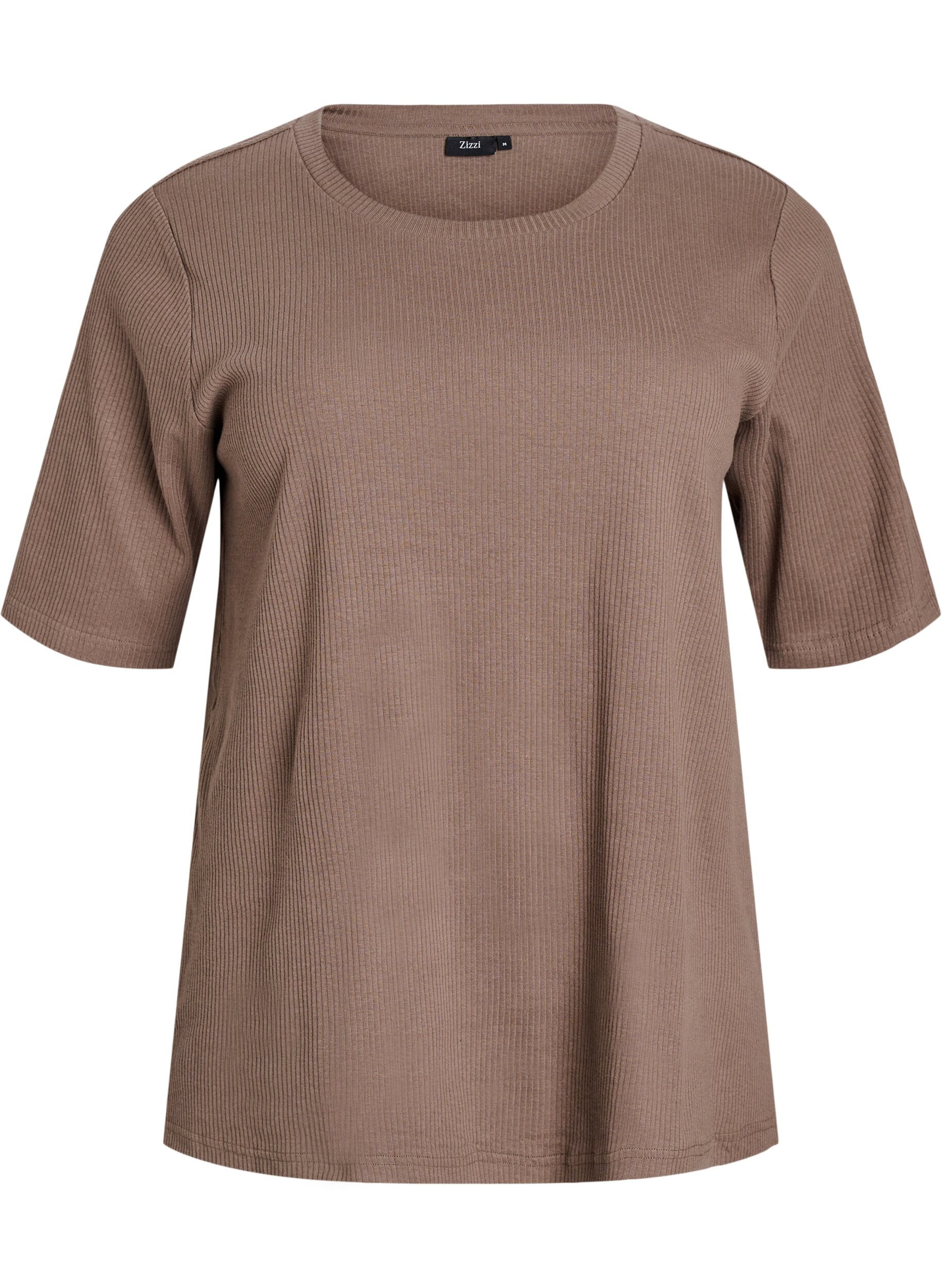 ZizziRibbet jerseybluse med korte &aelig;rmer, Brun, Packshot image number 0