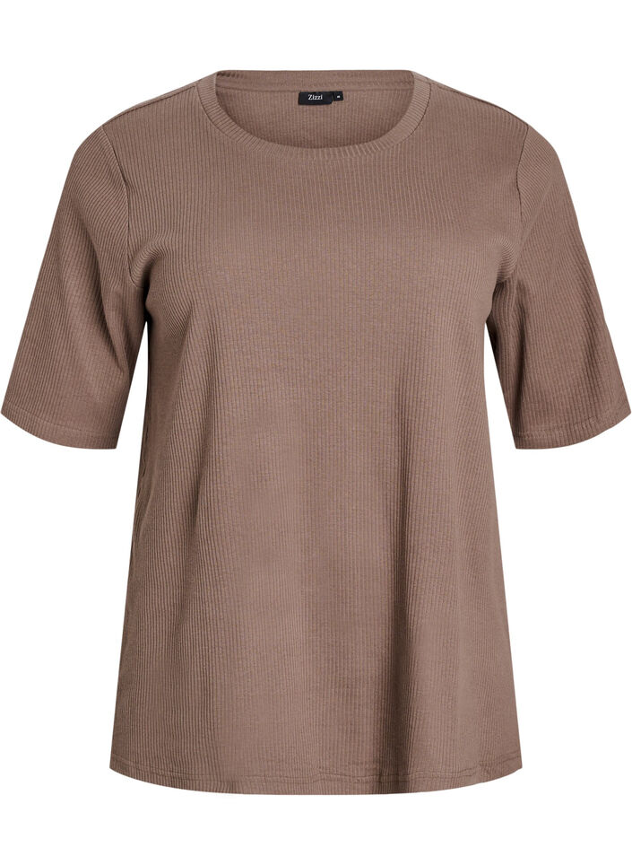 Ribbet jerseybluse med korte &aelig;rmer, Brun, Packshot image number 0