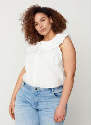 Ærmeløs skjorte med stor krave, Bright White, Model image number 0