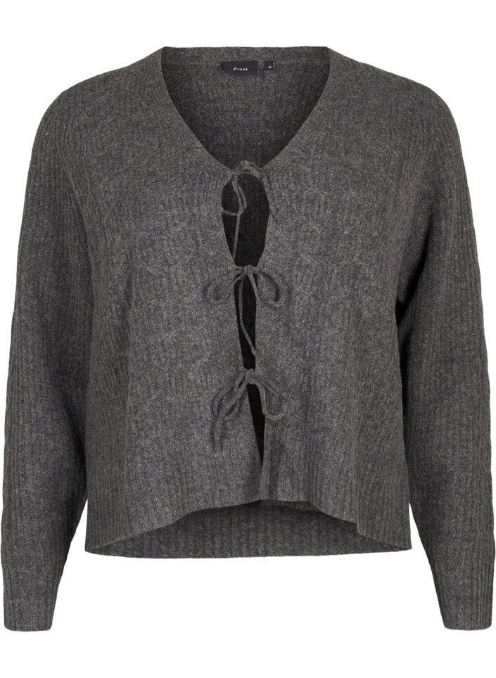 Strikket cardigan med bindedetaljer, Dark Grey Melange, Packshot image number 0