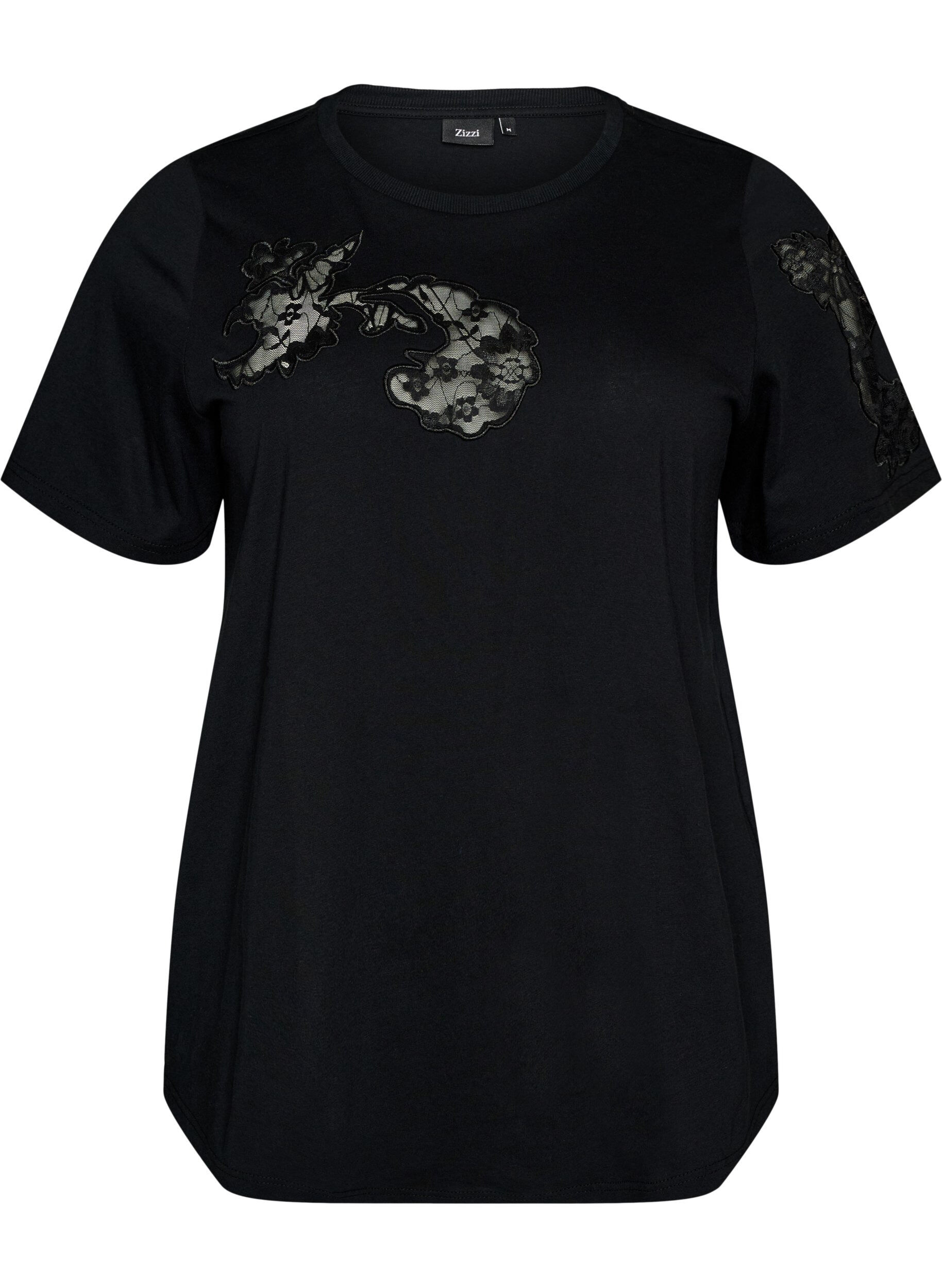 ZizziT-shirt i bomuld med blondeapplikationer, Sort, Packshot image number 0
