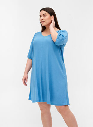 Kjole med pufærmer og v-hals, Azure Blue, Model image number 0