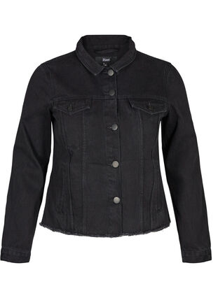 Kort denim jakke med rå kanter, Black, Packshot image number 0