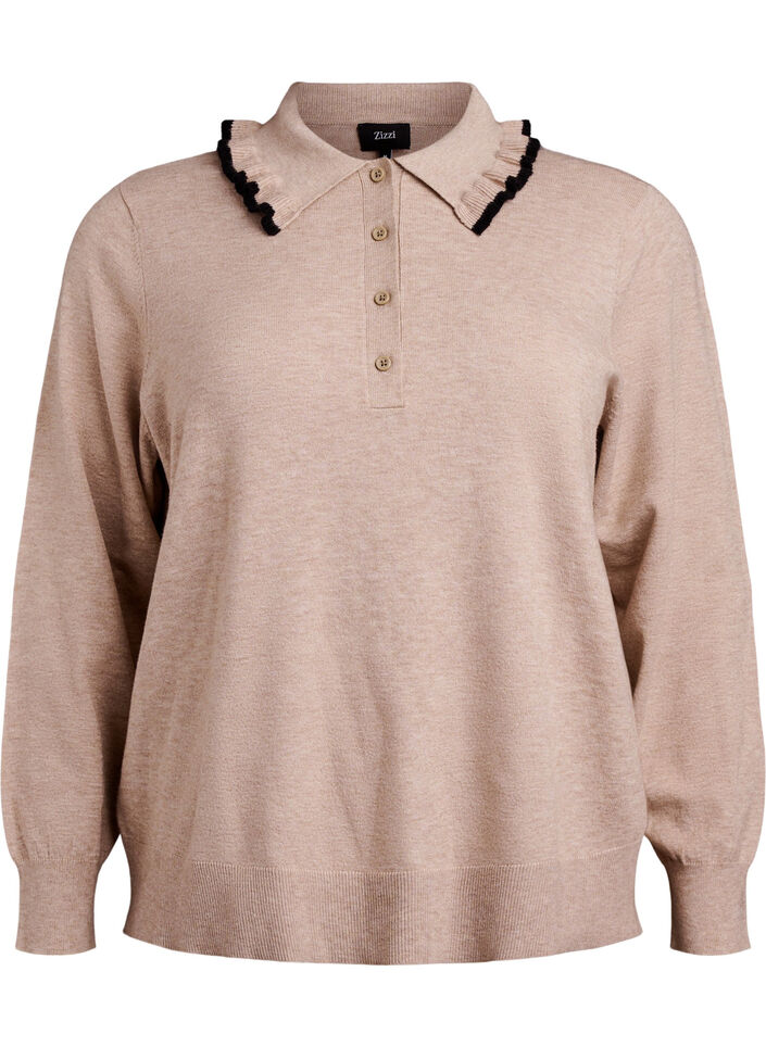 Strikbluse med flæsedekoreret polokrave, Beige, Packshot