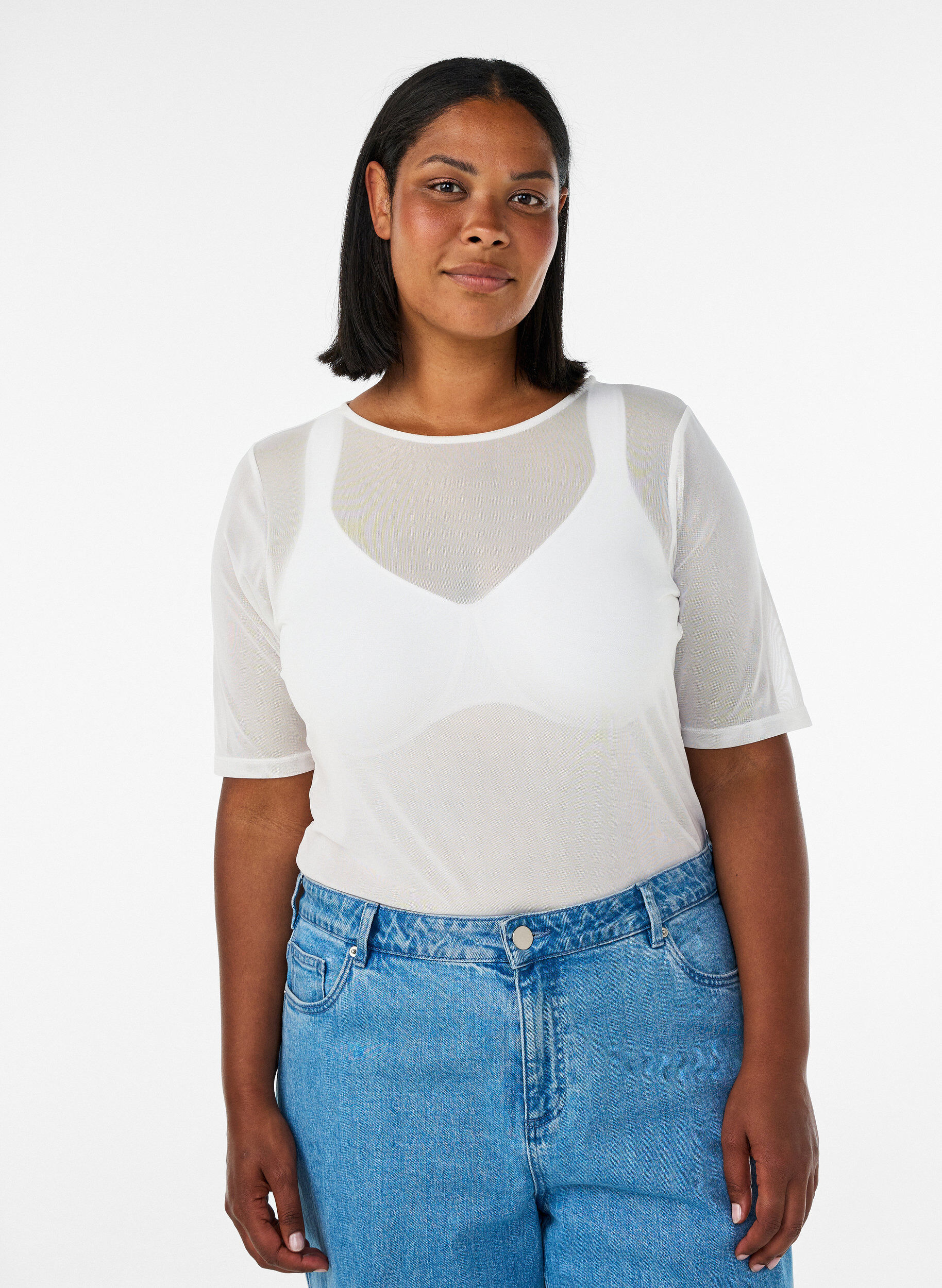 ZizziMeshbluse med korte &aelig;rmer og rund hals, Vanilla, Model image number 0