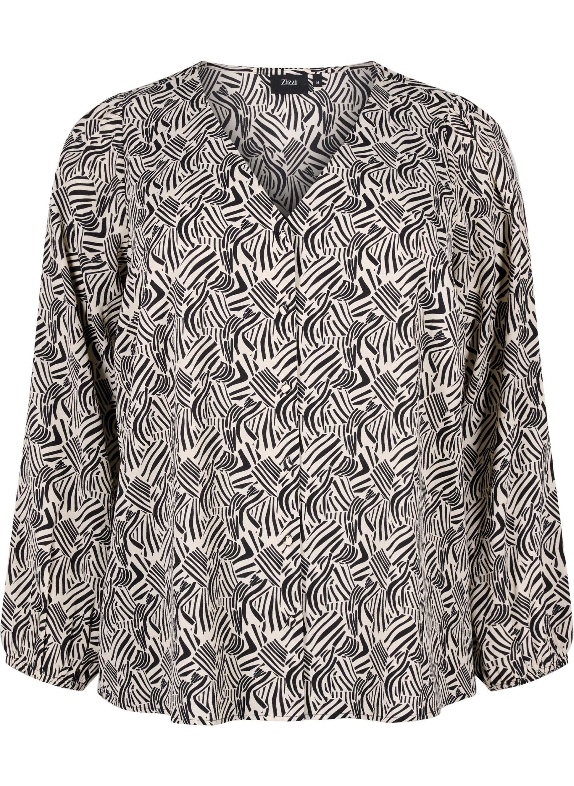 Zizzi Skjortebluse med v-hals og print, Birch Graphic, Packshot image number 0