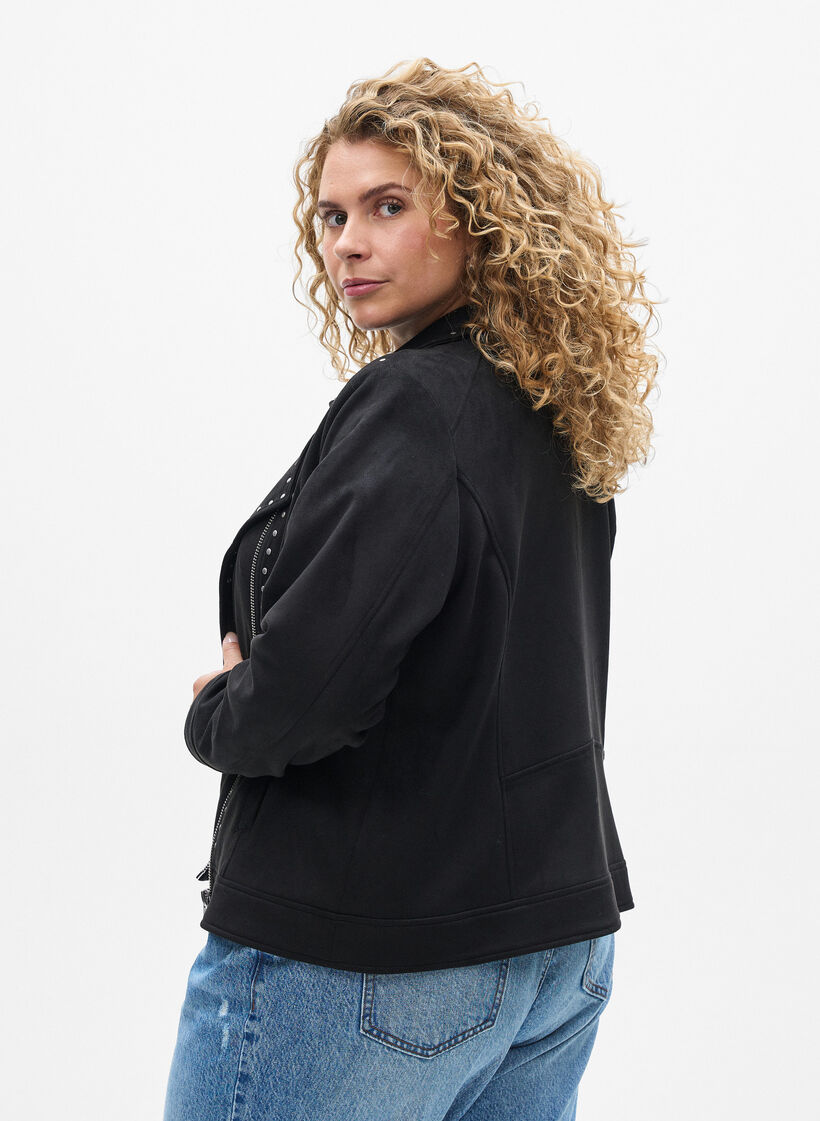 Bikerjakke i imiteret ruskind med nitter, Sort, Model image number 2