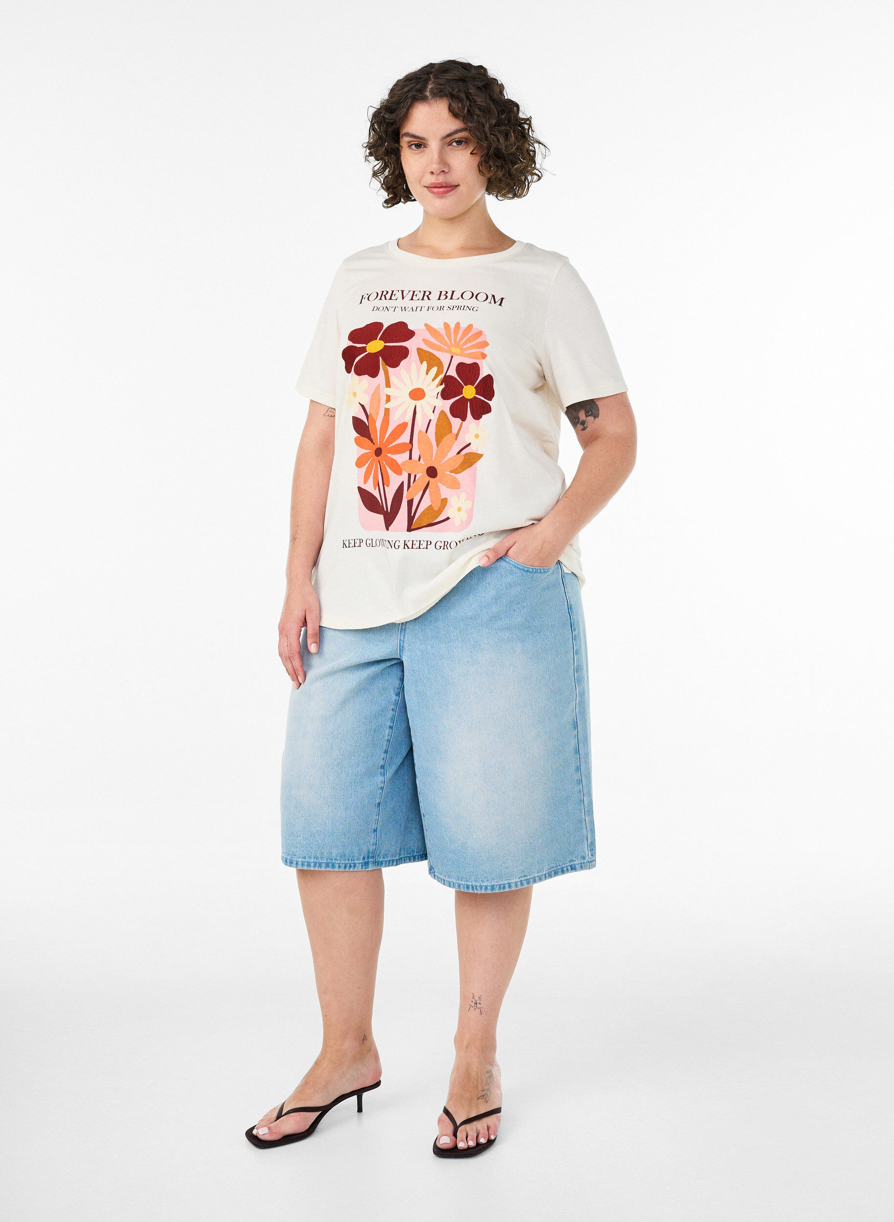 ZizziT-shirt i bomuld med printmotiv, Vanilla, Model image number 1