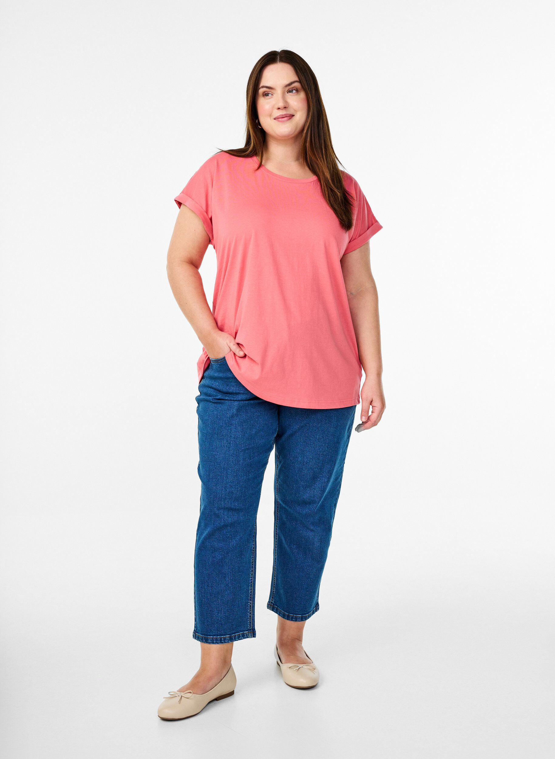 ZizziKort&aelig;rmet t-shirt i bomuldsblanding, Lyser&oslash;d, Model image number 1