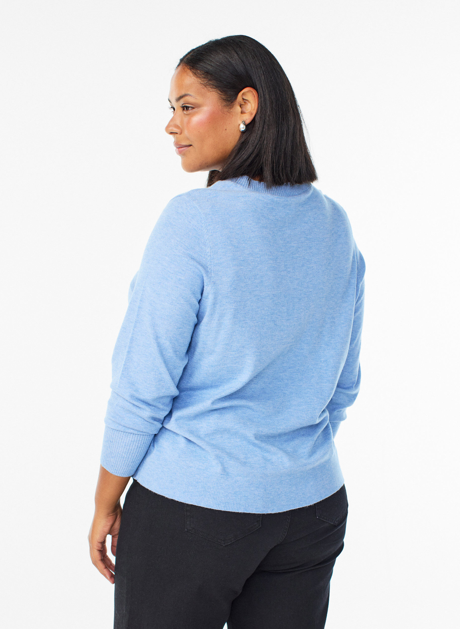 ZizziStrikbluse med rund hals, Bl&aring;, Model image number 2