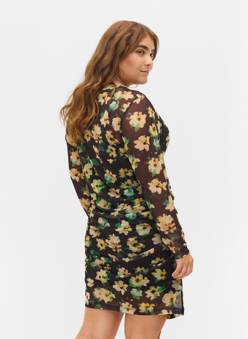 T&aelig;tsiddende mesh kjole med 3/4 &aelig;rmer, Yellow Green AOP, Model image number 1