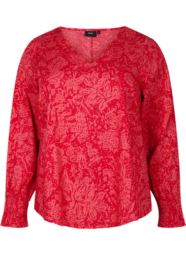 Bluse med v-udskæring og smock, Ribbon Red AOP, Packshot image number 0