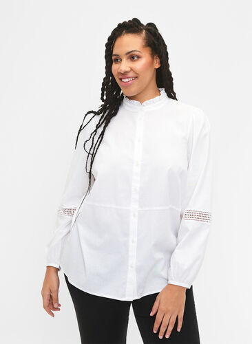 Skjorte med flæsekrave og crochetbånd, Bright White, Model image number 0