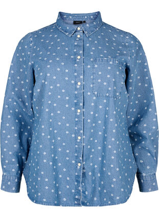 Blomstret denimskjorte med brystlomme, Light Blue w.Flowers, Packshot image number 0