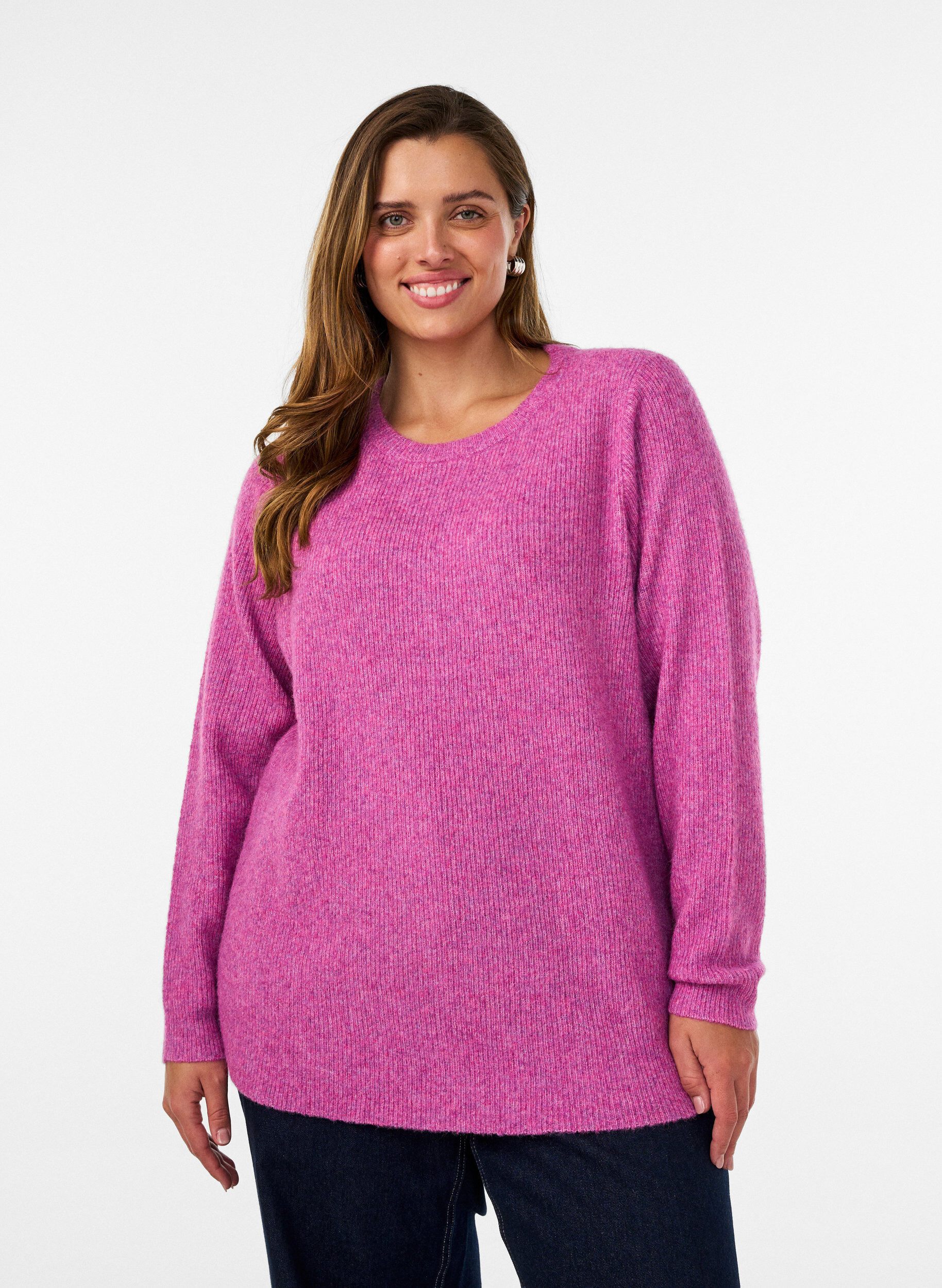 Meleret strikbluse med rund hals, Lilla, Model
