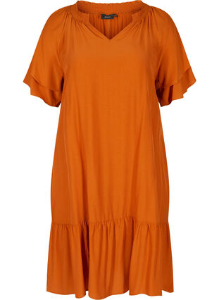Kortærmet kjole med a-form og lommer, Autumnal, Packshot image number 0