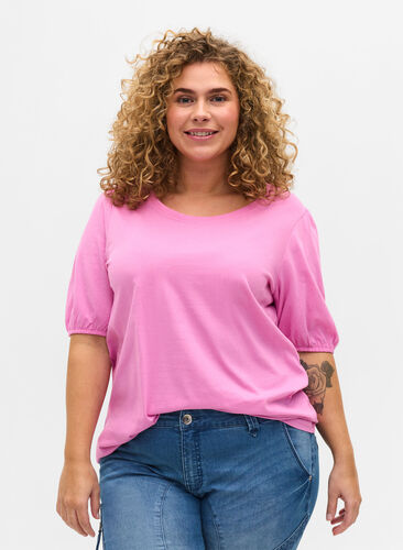 Bomulds t-shirt med 2/4 ærmer, Cyclamen, Model image number 0