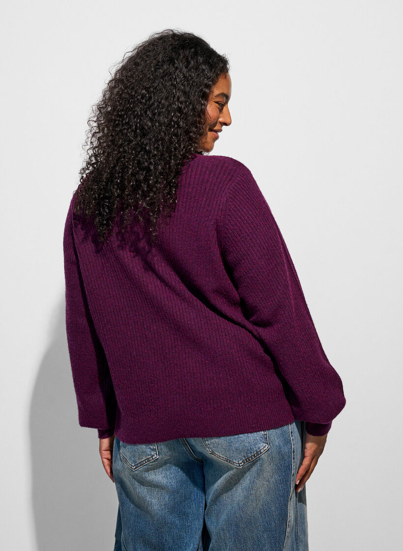 Cardigan med V-hals og ribstruktur, Lilla, Model image number 2