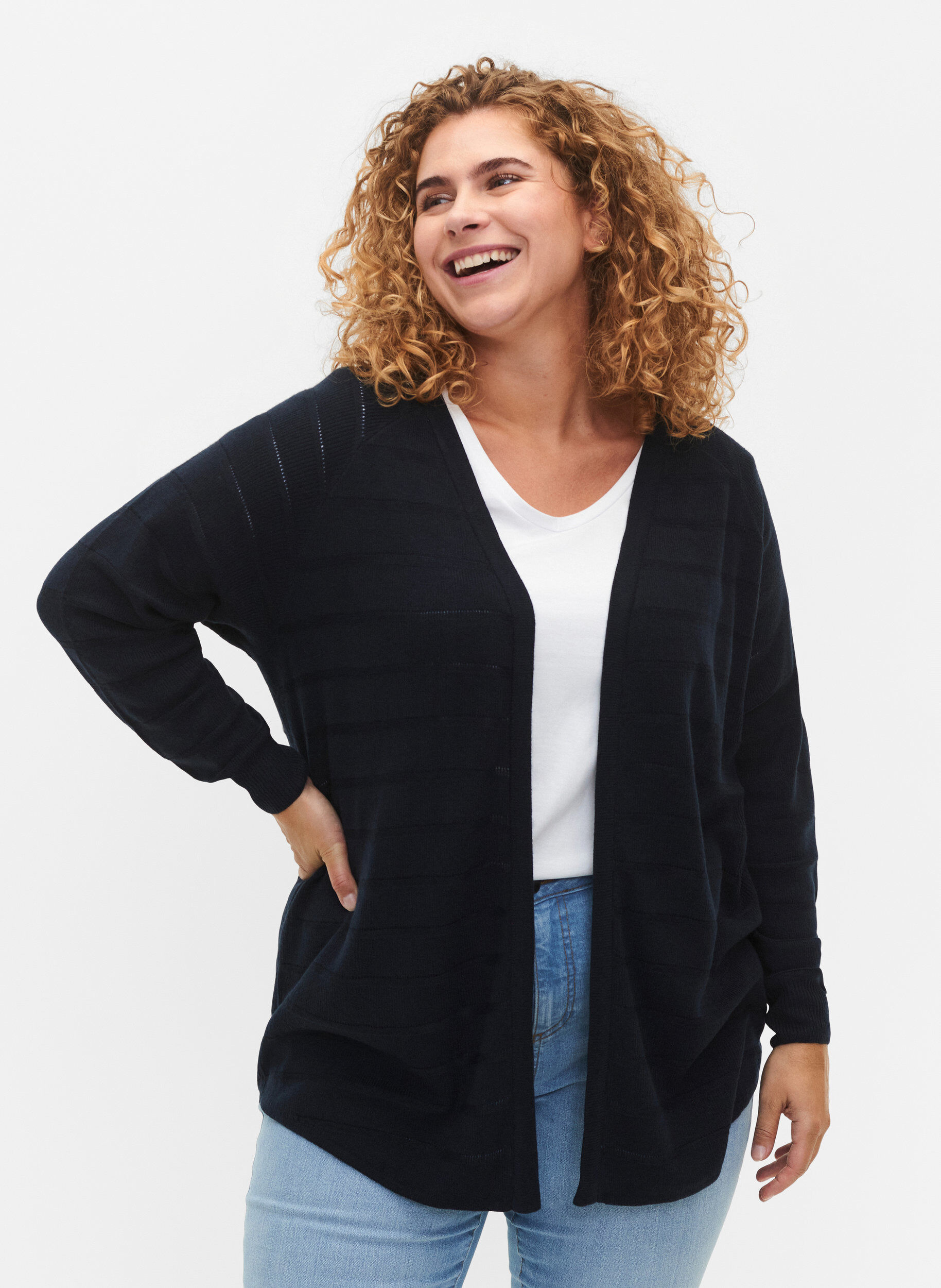 Zizzi Strikcardigan med tone-i-tone striber, Navy Blazer, Model image number 0