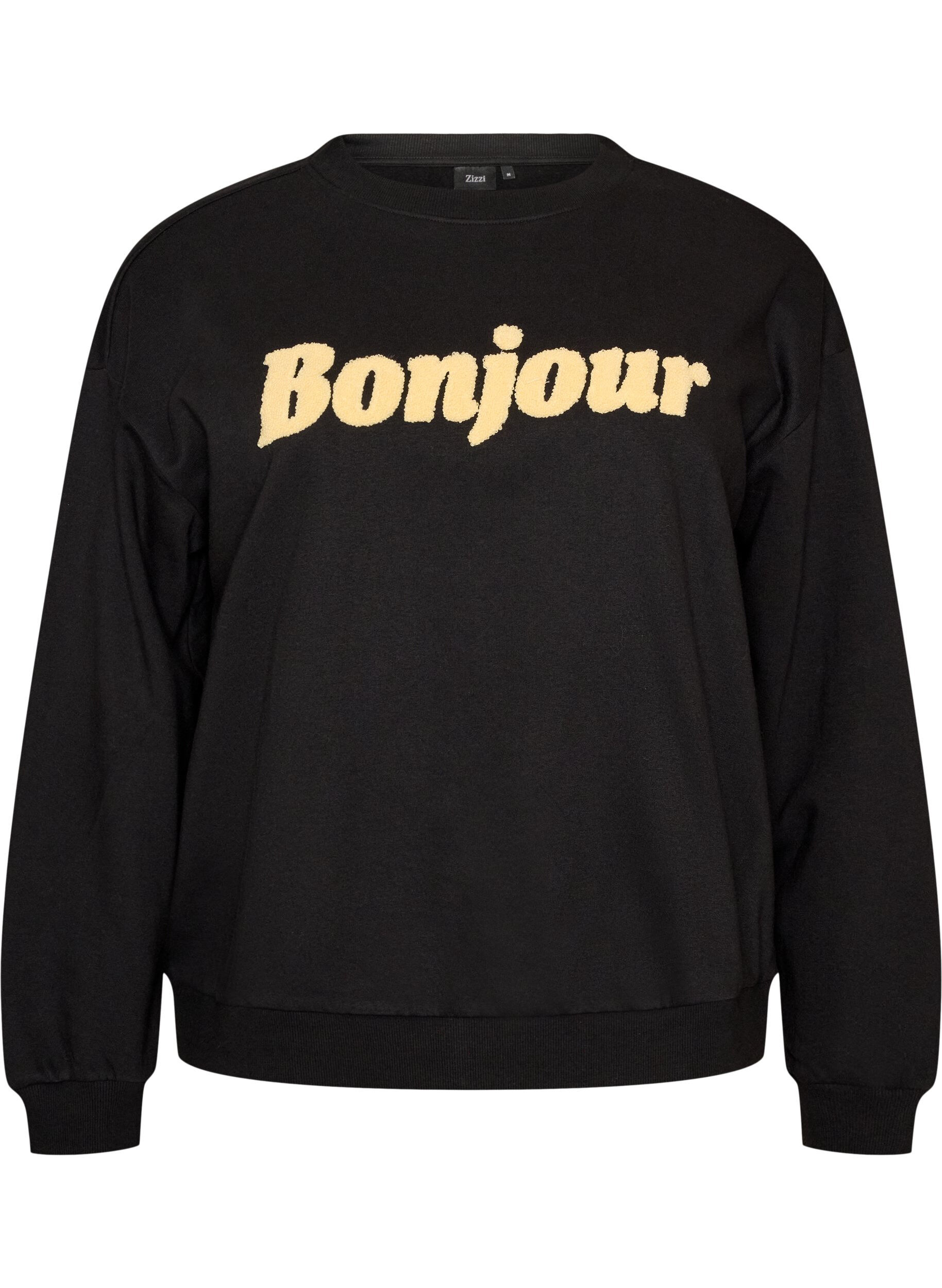 ZizziSweatshirt med tekstmotiv i boucl&eacute;, Sort, Packshot image number 0