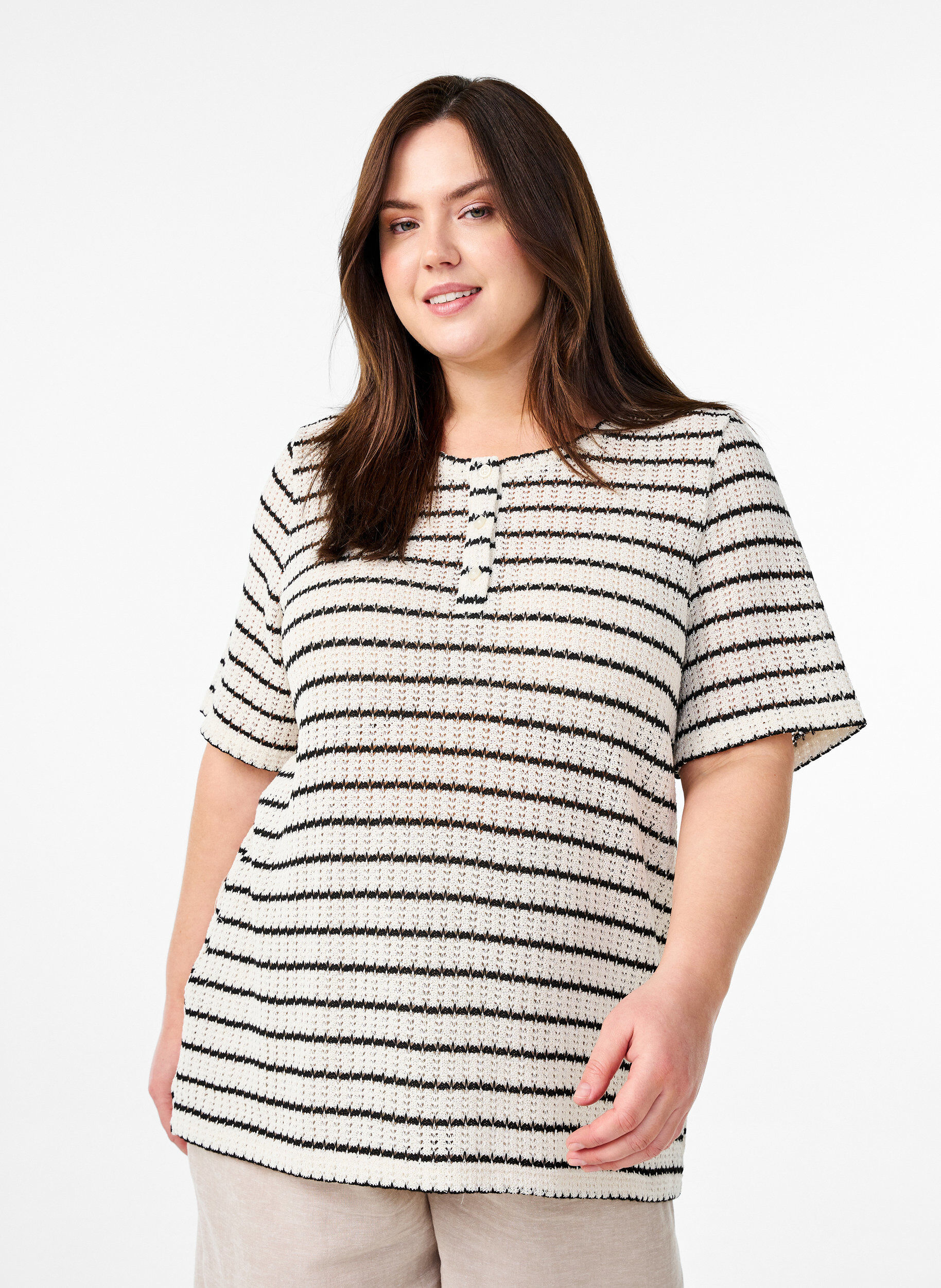 Zizzi Strikket jerseybluse med striber, Sort, Model image number 0