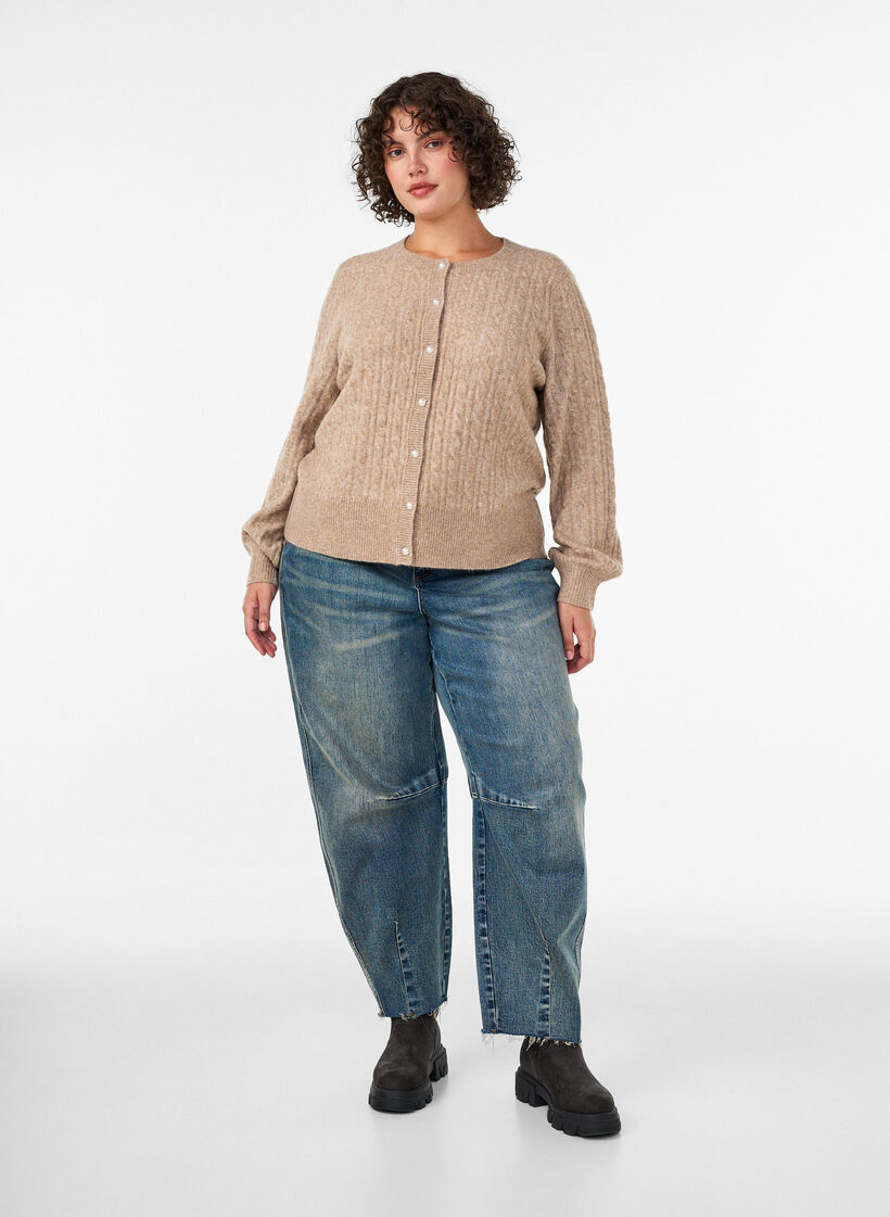 Cardigan med kabelstrik og perleknapper, Beige, Model image number 1