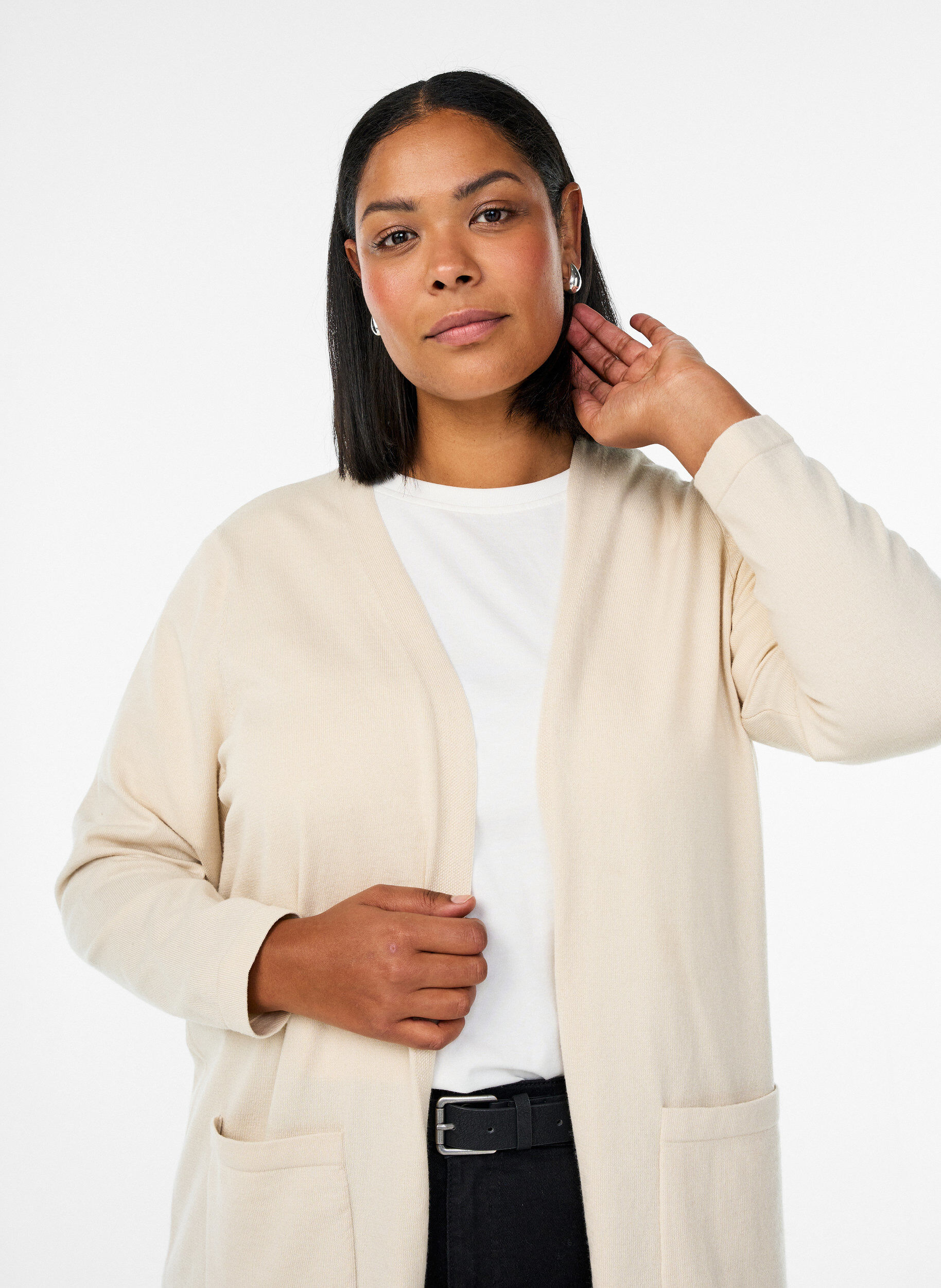 ZizziLang, &aring;ben cardigan med lommer, Beige, Model image number 2