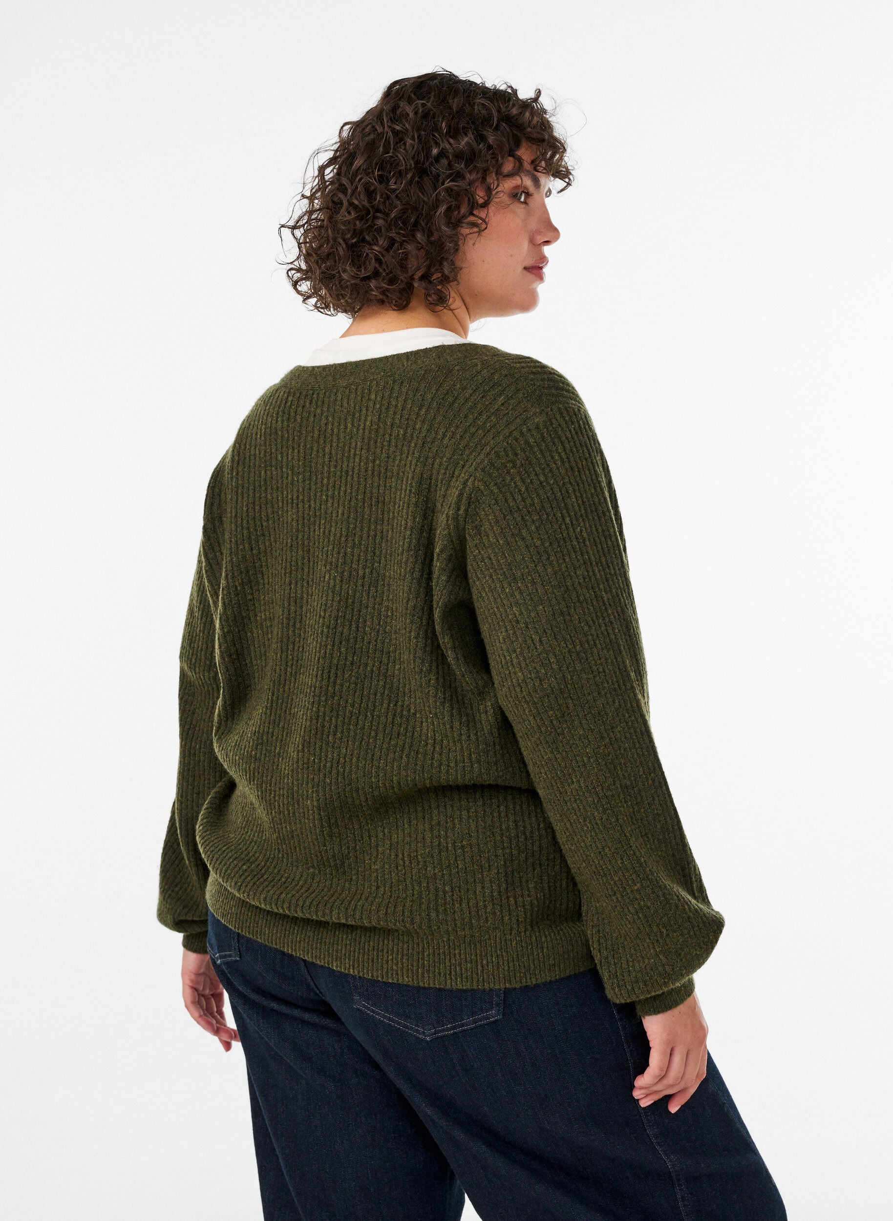 ZizziCardigan med V-hals og ribstruktur, Gr&oslash;n, Model image number 2