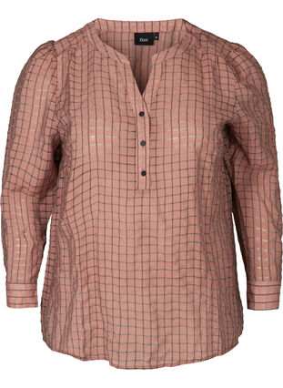 Ternet bluse med knapper og pufærmer, Rosa Check, Packshot image number 0