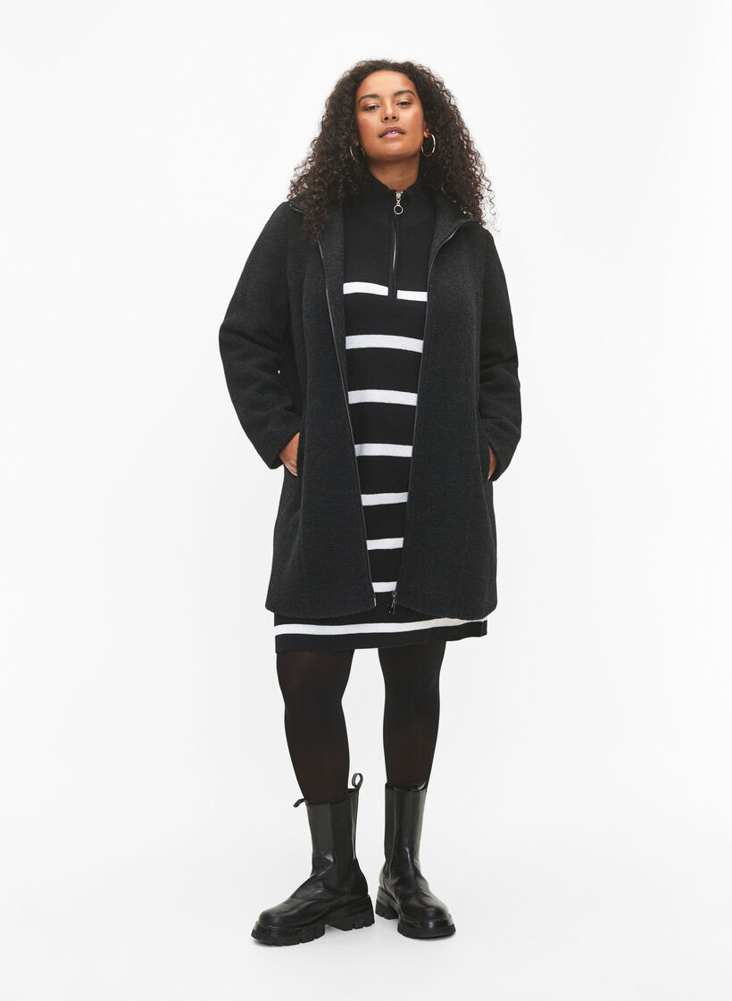 Meleret bouclé frakke med lynlås, Black Mel., Model image number 2