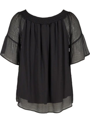 Kortærmet bluse med smock og let struktur, Black, Packshot image number 1