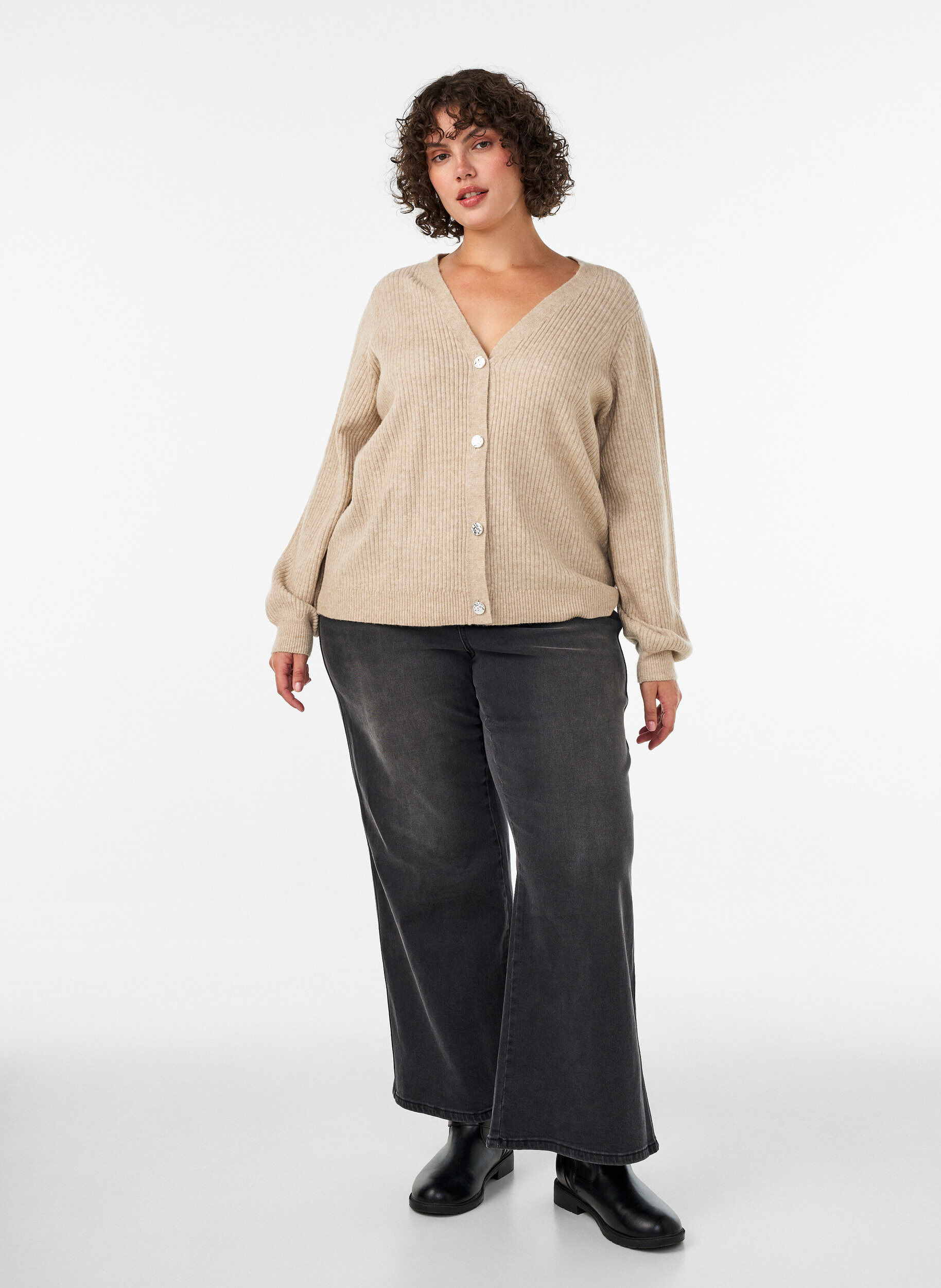 ZizziCardigan med V-hals og ribstruktur, Beige, Model image number 1