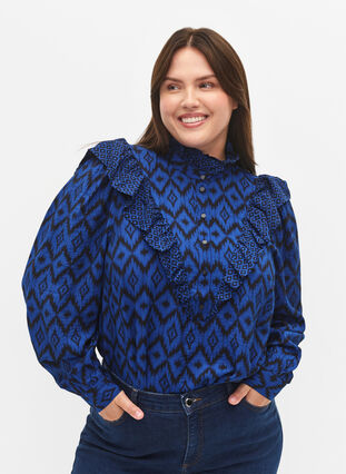 Skjortebluse i viskose med flæsedetaljer, True blue w. Black, Model image number 0