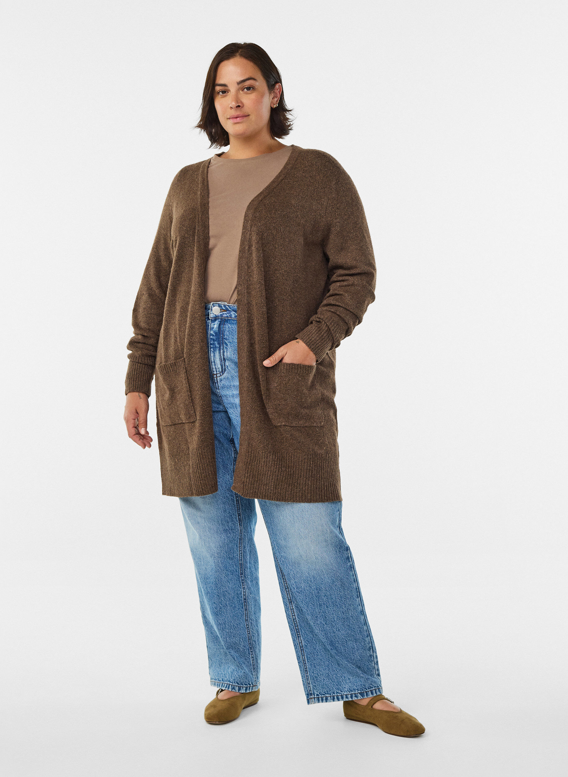 ZizziMeleret strik cardigan med lommer, Brun, Model image number 1