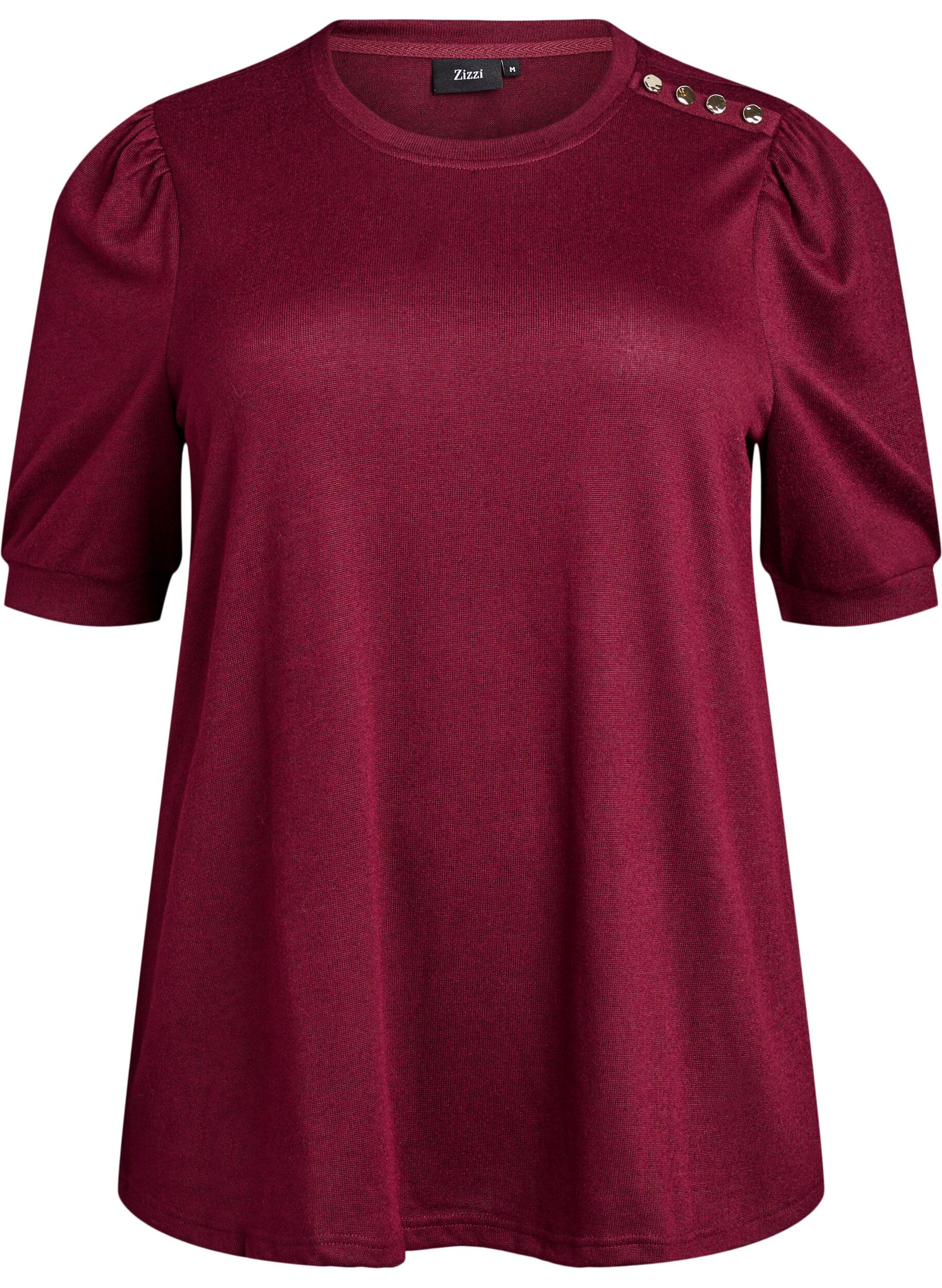 ZizziBluse med knapdetalje og korte puf&aelig;rmer, M&oslash;rk Bordeaux, Packshot image number 0