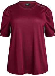 Bluse med knapdetalje og korte puf&aelig;rmer, M&oslash;rk Bordeaux