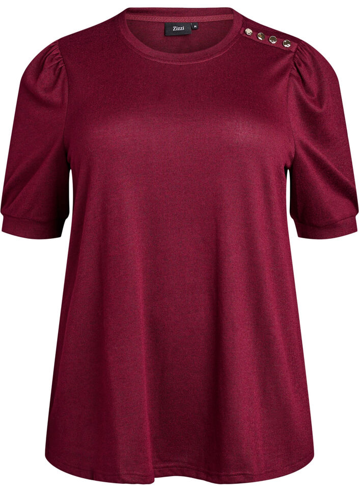 Bluse med knapdetalje og korte puf&aelig;rmer, M&oslash;rk Bordeaux, Packshot image number 0
