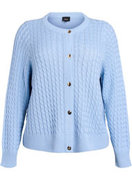 Kabelstrikket cardigan med gyldne knapper, Bl&aring;
