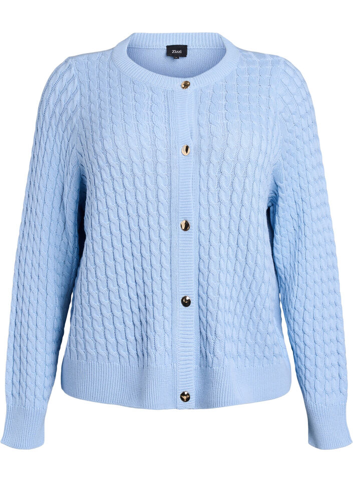 Kabelstrikket cardigan med gyldne knapper, Bl&aring;, Packshot image number 0