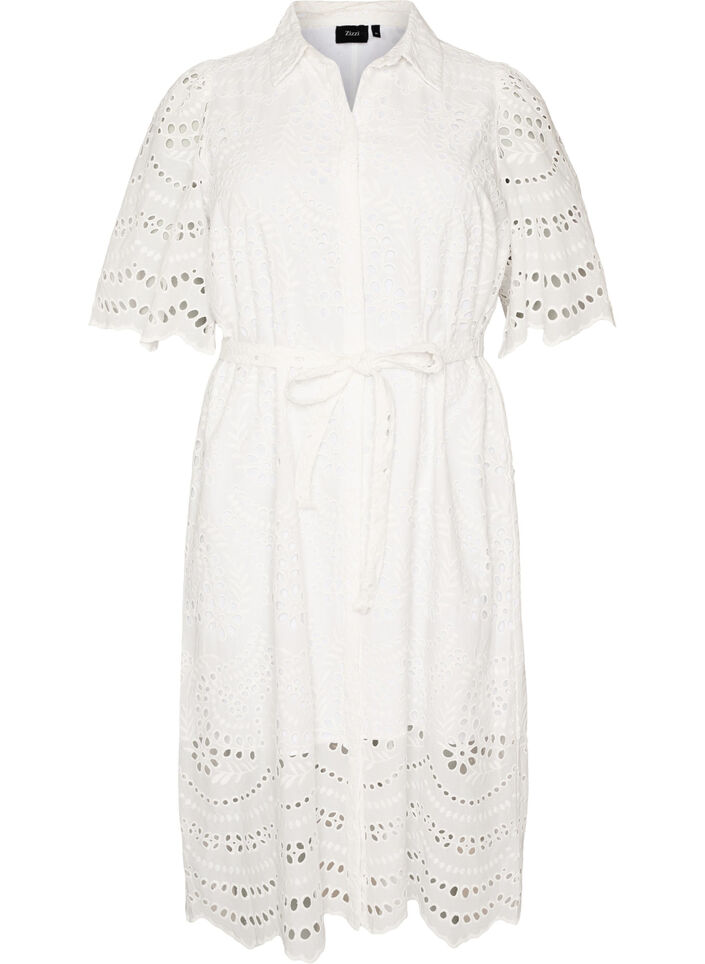 Skjortekjole i broderie anglaise med bindeb&aelig;lte, Hvid, Packshot image number 0